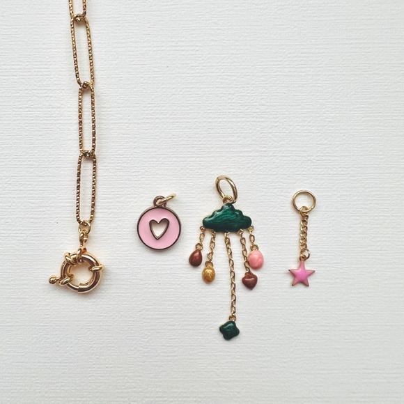 Rain Cloud Green Enamel Charm Round Carabiner Clasp Necklace with 3 charms - Picture 3 of 3
